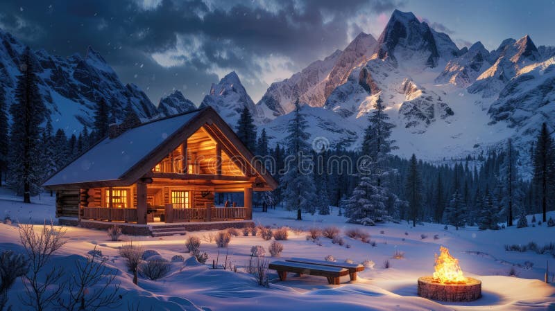 Warm, inviting mountain lodge overlooking snowy peaks, with outdoor fire pit, ideal for secluded retreats. Private retreats. AI generated. Warm, inviting mountain lodge overlooking snowy peaks, with outdoor fire pit, ideal for secluded retreats. Private retreats. AI generated
