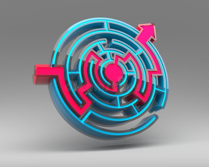Cale roșie peste forma rotundă labirint albastru 3d redare stock illustration