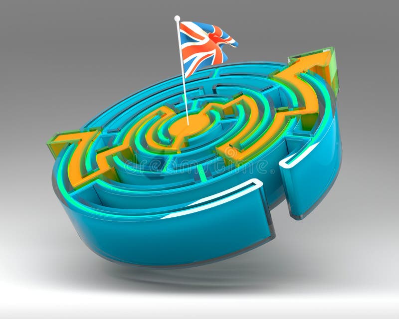 Calea de-a lungul labirintului de forme rotunde. Drapelul național al Marii Britanii 3D Render royalty free illustration