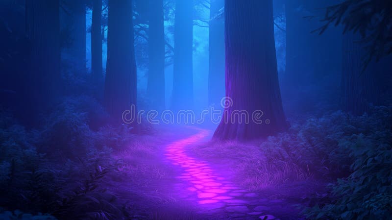 Calea mistică a pădurii iluminată de lumina purpurie la apus stock illustration