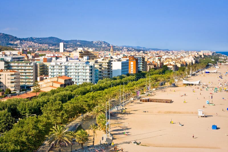CALELLA, SPAIN - JULY 12 , 2016:view of beach and hotels of Calella near Barcelona, Catalonia province, Spain stock image CALELLA, SPAIN - JULY 12 , 2016:view of beach and hotels of Calella near Barcelona, Catalonia province, Spain stock image