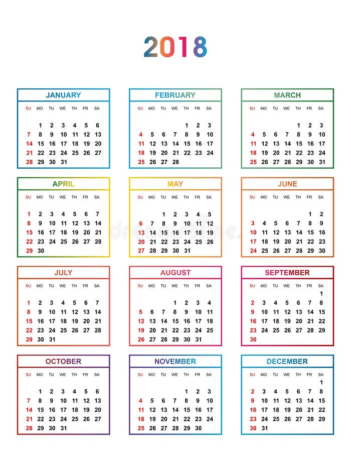 Calendario Simples Da Cor Pelo Ano 2018 Os Nomes Dos Dias E Dos Meses Numeraram Em Seguido Dias Nos Quadrados Coloridos Em Um Ccb Ilustracao Do Vetor Ilustracao De Dias Quadrados 83959754 www calendario nom es