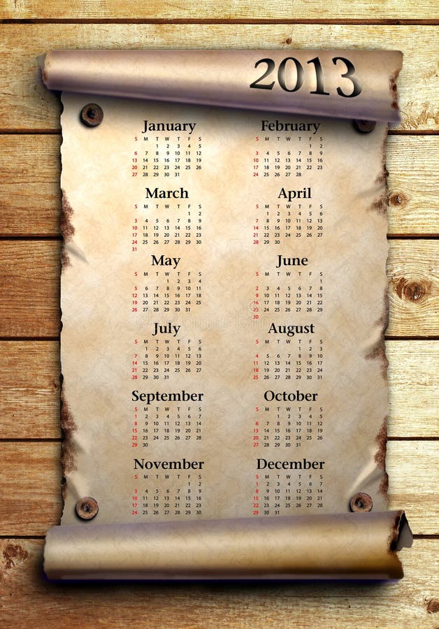 Calendar 2013 Scroll of old paper on wooden boards