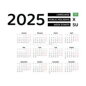 Calendar 2025 English Language With Saudi Arabia Public Holidays Stock Illustration