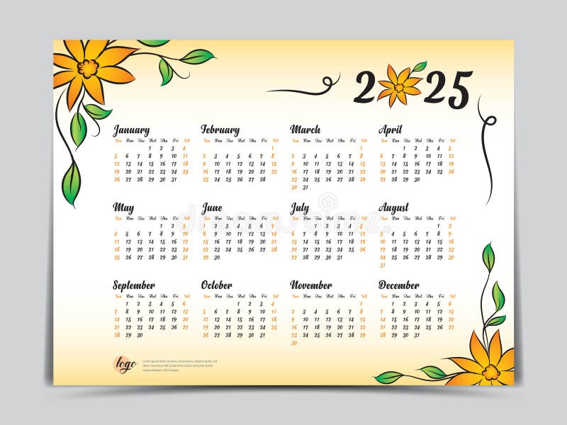 Calendar 2025 Vector Template Yellow Flowers Design, Yearly Calendar