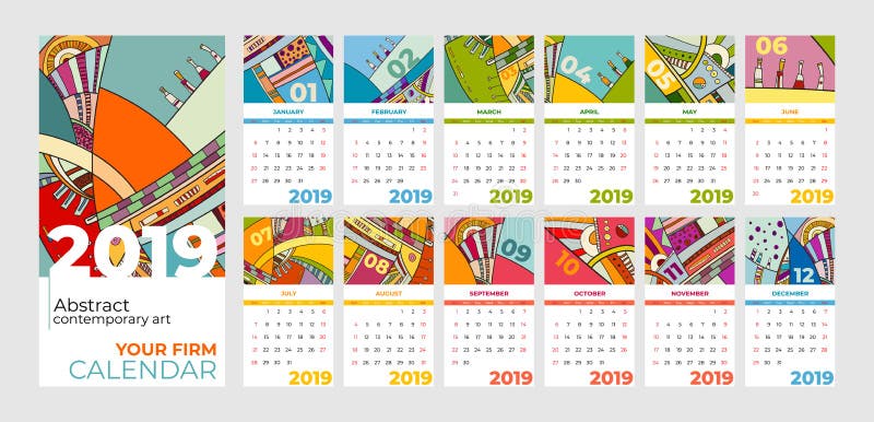 2019 calendar abstract contemporary art set. Desk, screen, desktop months 2019, colorful 2019 calendar template stock illustration 2019 calendar abstract contemporary art set. Desk, screen, desktop months 2019, colorful 2019 calendar template stock illustration