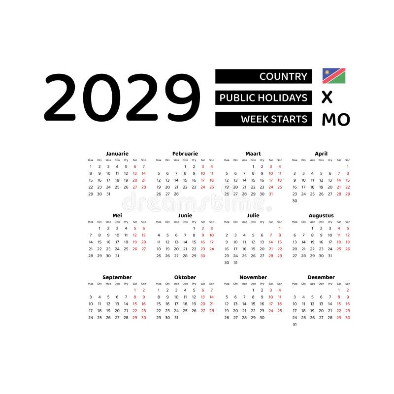 Calendar 2029 Afrikaans Language with Namibia Public Holidays. Stock Vector Illustration of