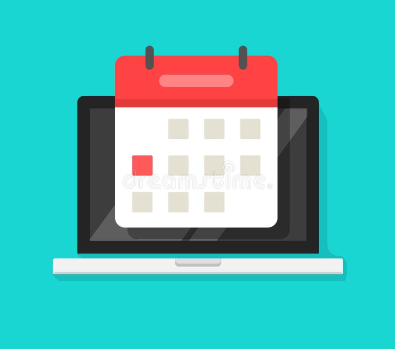 Calendar or agenda on laptop computer screen vector icon, flat cartoon online organizer app on pc display with event stock illustration Calendar or agenda on laptop computer screen vector icon, flat cartoon online organizer app on pc display with event stock illustration