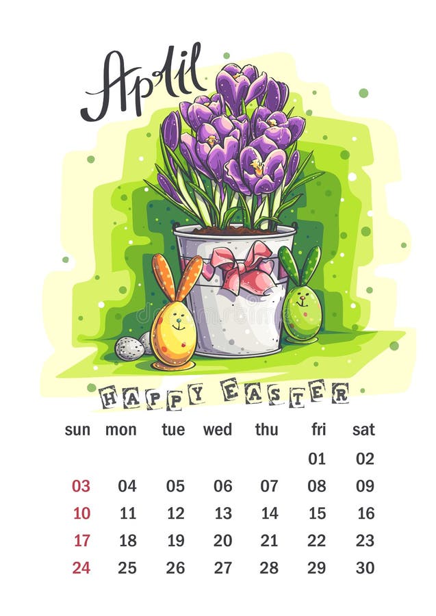 2022 Calendar April. Funny Cartoon Floral, Flowers, Flowerpot, Easter