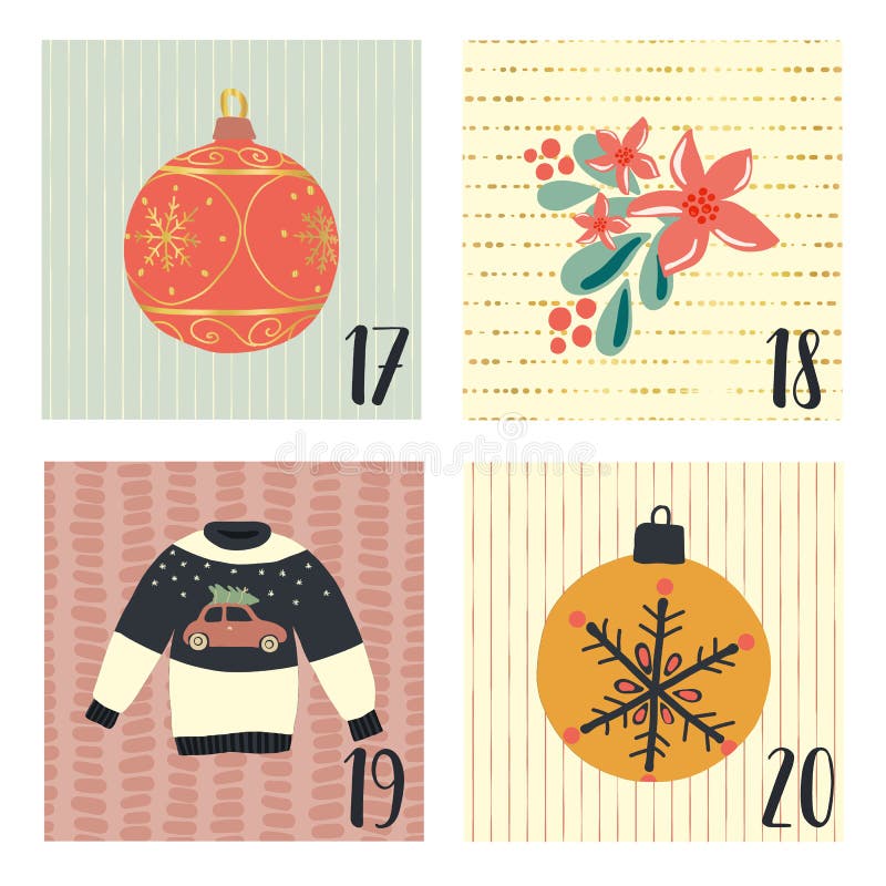Calendar avansat cu ilustrații de sărbători de Crăciun vectoriale trase manual pentru 17 decembrie 20. ornamente urâte pentru pulo royalty free illustration