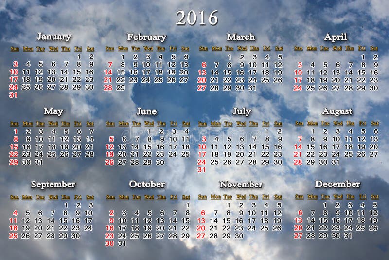 Calendar for 2016 on the Background of Blue Sky Stock Image Image of