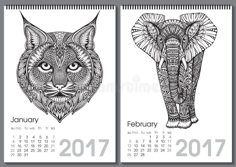Calendar 2017. Beautiful ornate hand drawn animals stock illustration Calendar 2017. Beautiful ornate hand drawn animals stock illustration