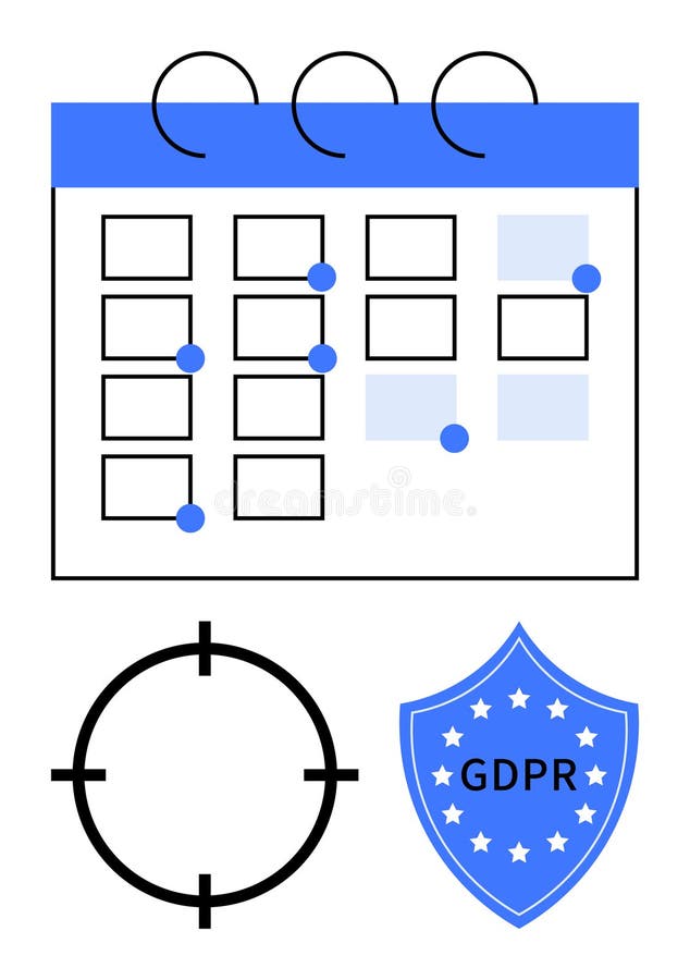 Calendar with GDPR Shield and Target Mark, Indicating Schedule and Data Compliance Themes vector illustration