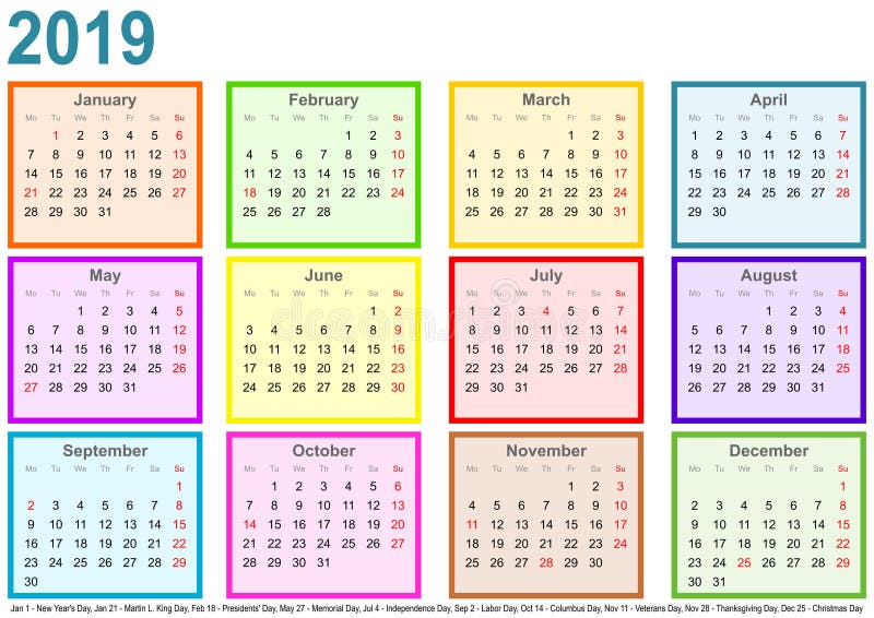 Calendar 2019 cada meses diferente coloriu EUA quadrados ilustração stock Calendar 2019 cada meses diferente coloriu EUA quadrados ilustração stock