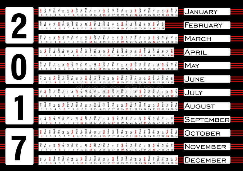 Calendar 2017, calendarium in horizontal strips, blue abstract background