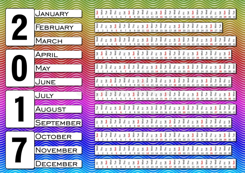 Calendar 2017, calendarium in horizontal strips, multicolored wavy background