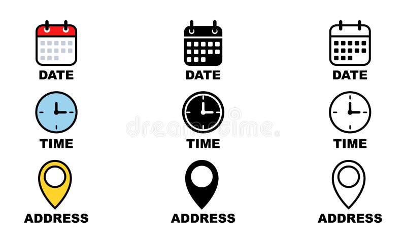 Calendar, clock and pin icon. Contacted template stock illustration