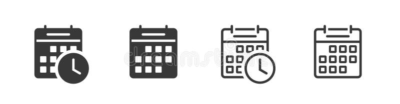 Calendar clock time icon vector simple pictogram graphic, black white set schedule timetable deadline line outline art silhouette royalty free illustration