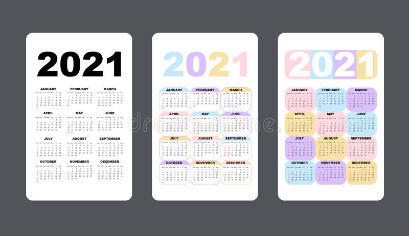 Calendar 2021 Colorful Set Week Starts On Sunday Basic Grid