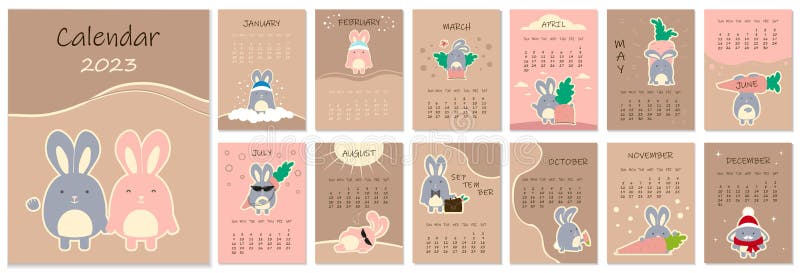 Calendar 2023 with a Cute Bunny Stock Vector - Illustration of print