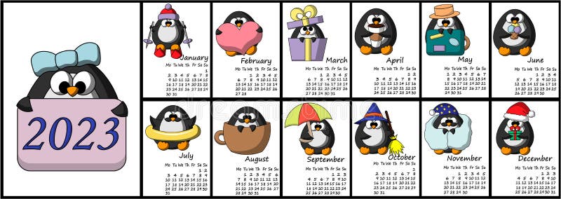 Calendar For 2023 With Cute Cartoon Characters Penguins. Stock Illustration - Illustration Of ...