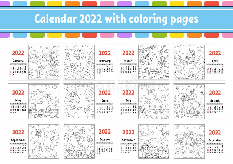 Calendar for 2022 with a Cute Character. Fairy Unicorn. Coloring Page ...