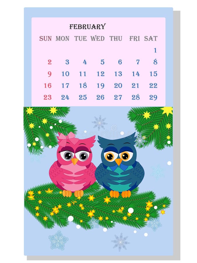 Calendar 2021. Cute Calendar with Funny Cartoon Owls Stock Illustration