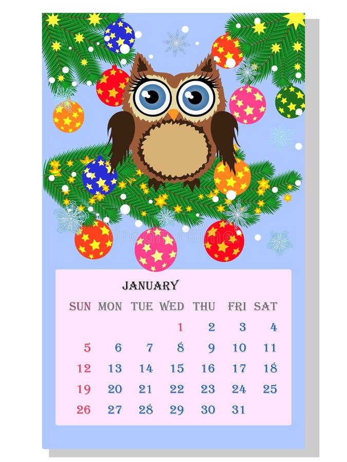 Calendar 2021. Cute Calendar with Funny Cartoon Owls Stock Illustration