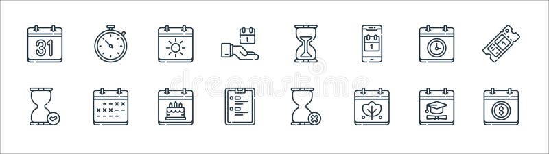 calendar and date line icons. linear set. quality vector line set such as pay day, fall, clipboard, hourglass, time, summer