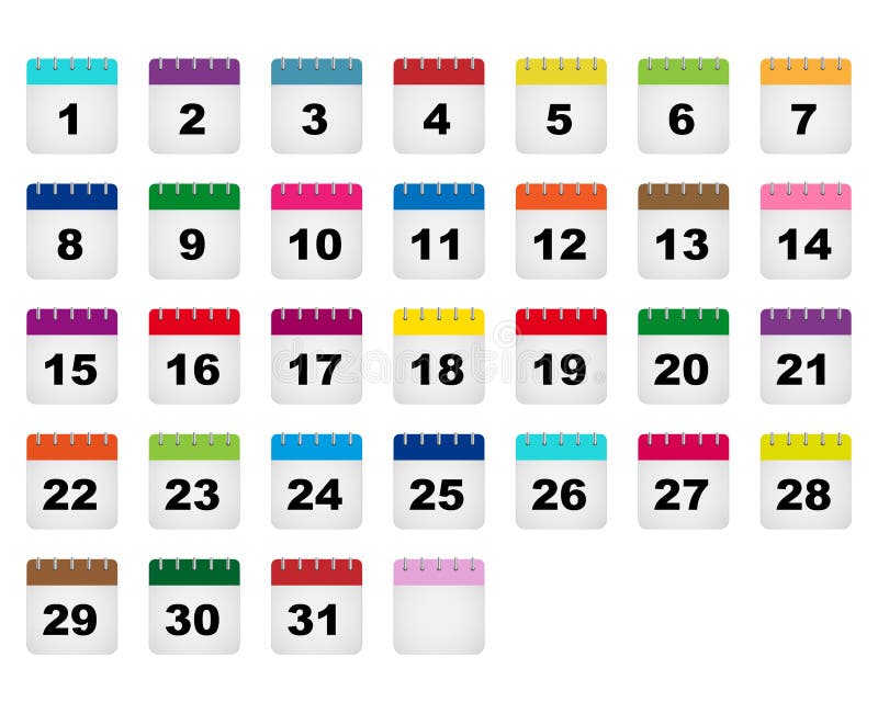 Coloratissimo set di tutti mensile di giorni di calendario icone isolato su sfondo bianco.