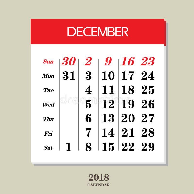 Calendar for December 2018 stock vector. Illustration of number - 92929265