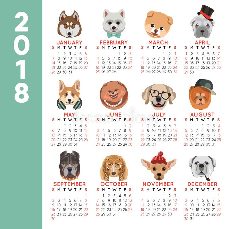 2018 Calendar Dog Year Breed Cartoon Pet Icons Month Vector Design