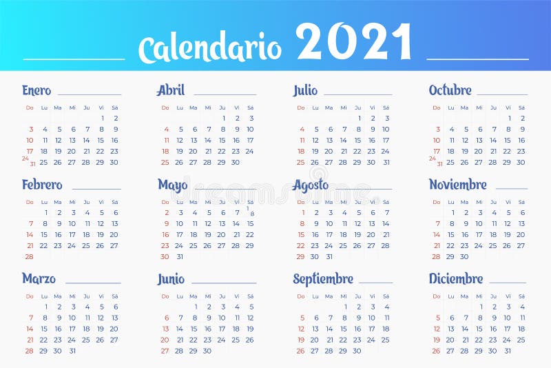 Spanish 2021 Year Calendar in Simple and Clean Design. Stock Illustration Stock Illustration