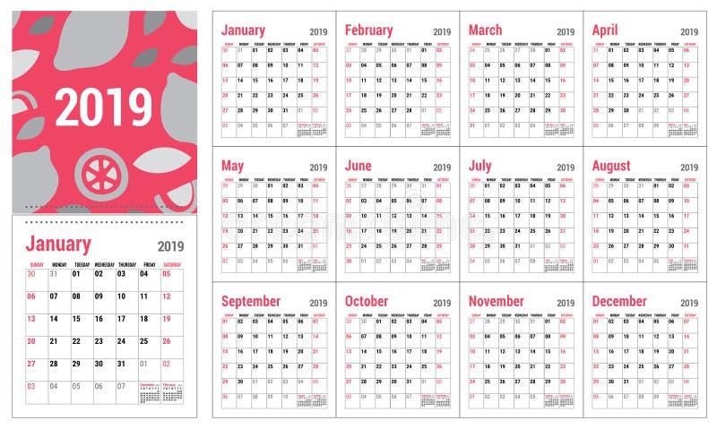 Calendar 2019. English Calender Template. Vector Grid Stock Vector