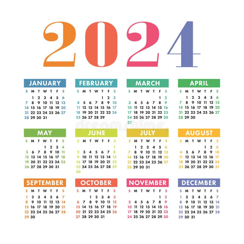 Calendar 2024 Year. English Colorful Vector Horizontal Wall or Pocket