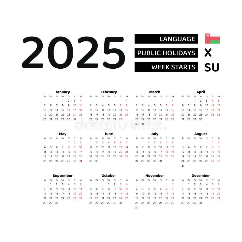 Calendar 2025 English Language with Oman Public Holidays. Stock Calendar 2025 With Holidays Oman