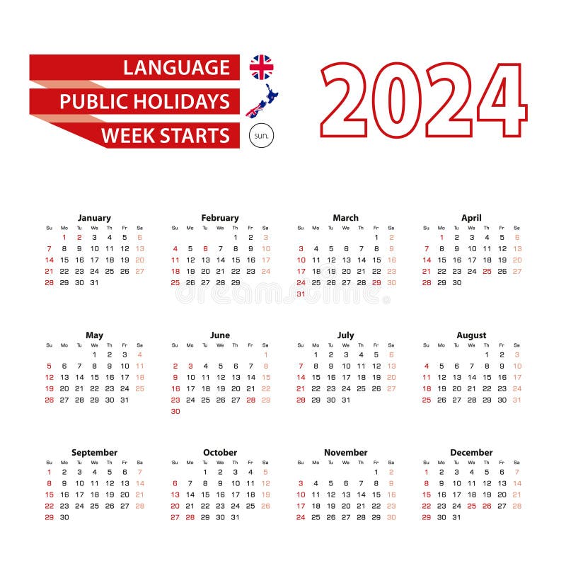 Calendar 2024 in English Language with Public Holidays the Country of