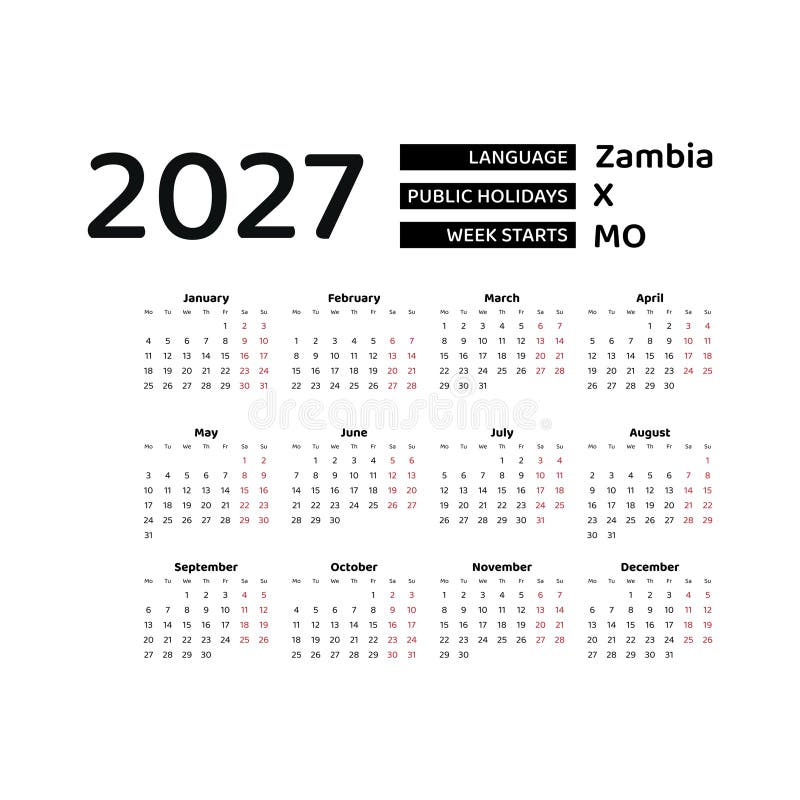 Calendar 2027 English Language with Zambia Public Holidays. Stock