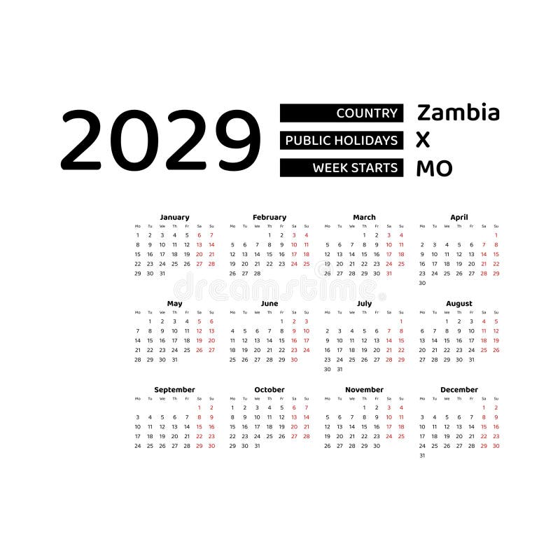 Calendar 2029 English Language with Zambia Public Holidays. Stock