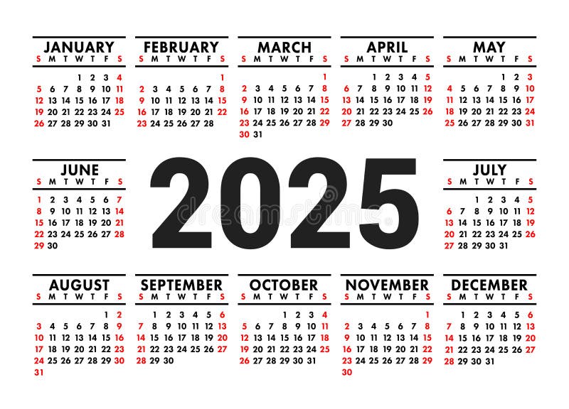 Calendar 2025 2026 2027 2028 Years Set Stock Vector Illustration