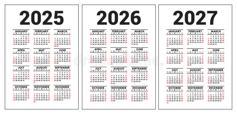 Calendar 2025 2026 2027 2028 Years Set Stock Vector Illustration