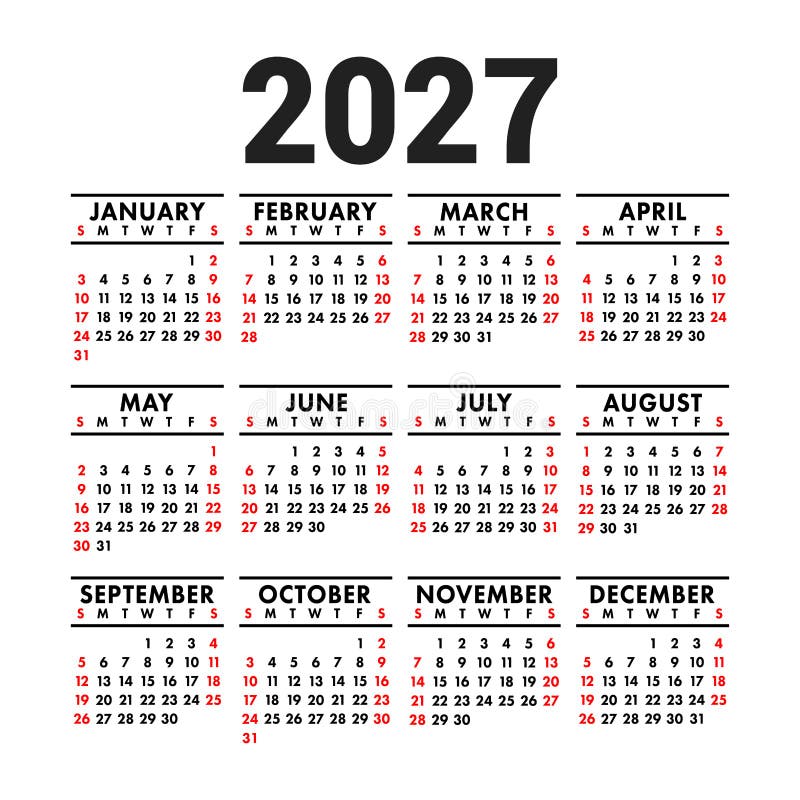 Calendar 2027 Template Vector, Simple Minimal Design, Planner 2027 Year