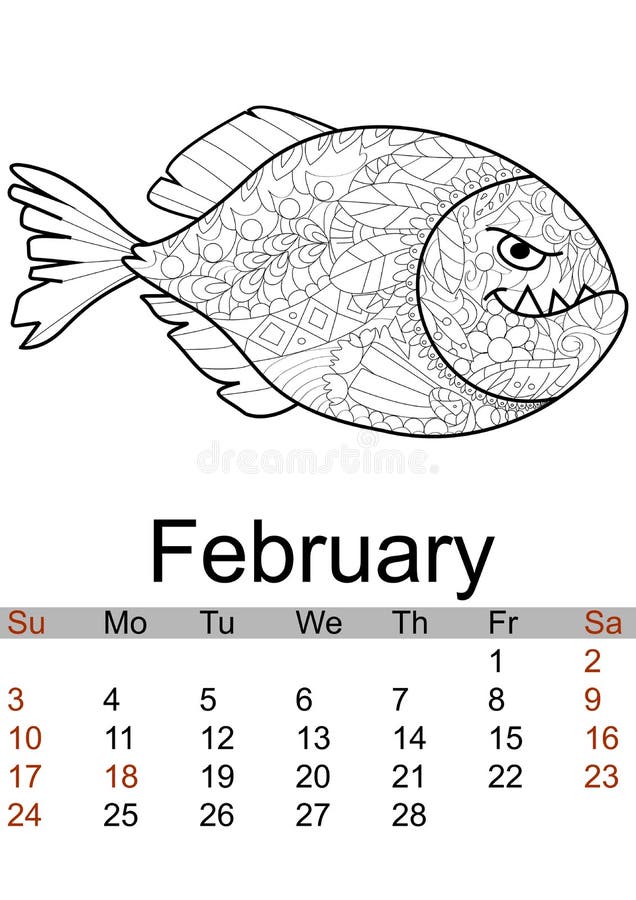 Calendar February month 2019. Antistress coloring red bellied piranha, sea animal, fish. Vector vector illustration Calendar February month 2019. Antistress coloring red bellied piranha, sea animal, fish. Vector vector illustration