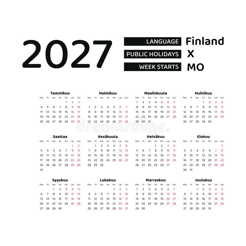 Finland Calendar 2025. Week Starts from Monday. Vector Graphic Design