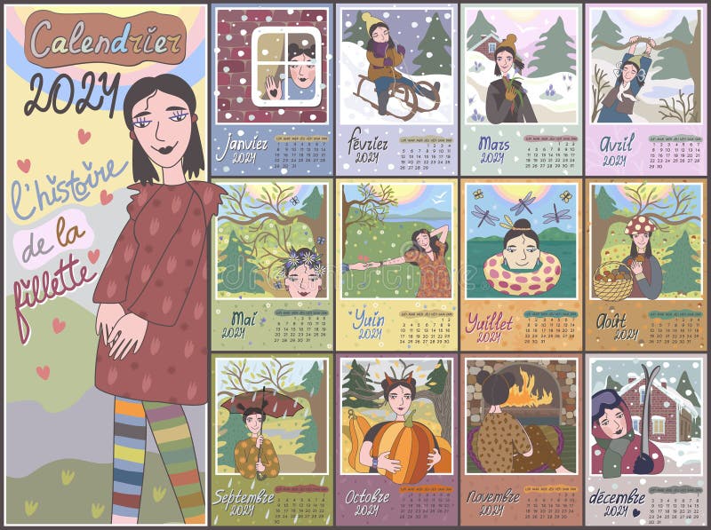Calendar 2024. Finnish Language. Colorful Monthly Calendar with Cute