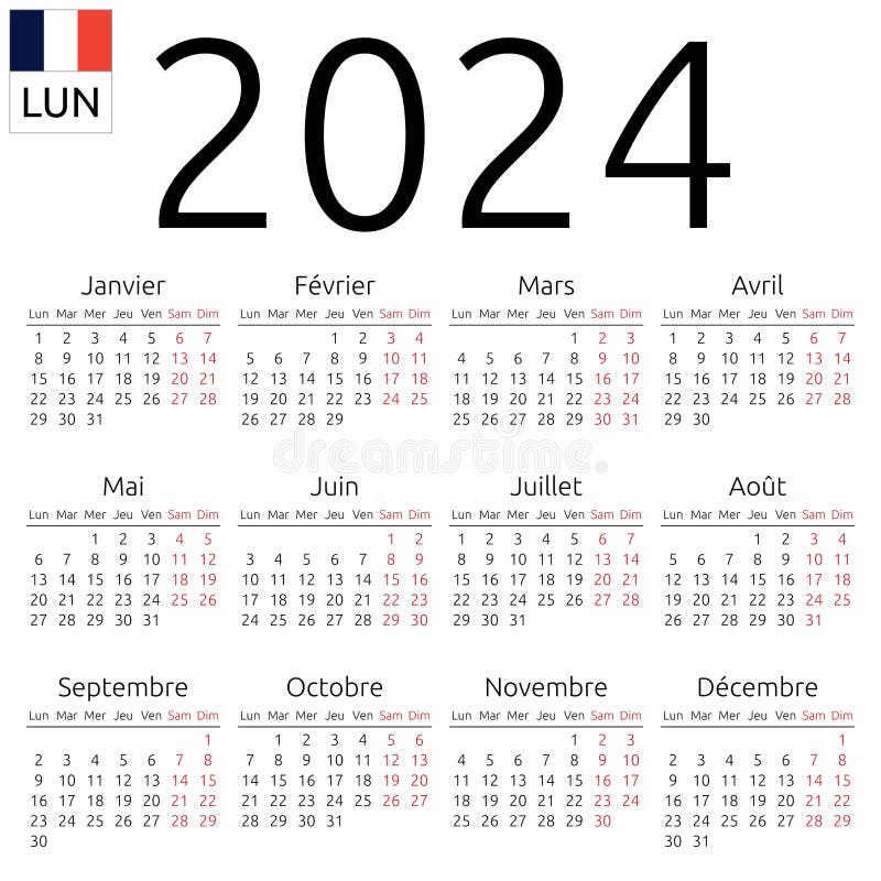 Calendar 2024, French, Sunday Stock Vector Illustration of calendar