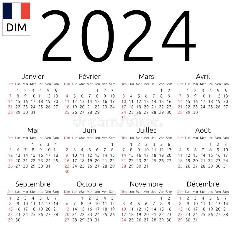 Calendar 2024, French, Sunday Stock Vector Illustration of calendar