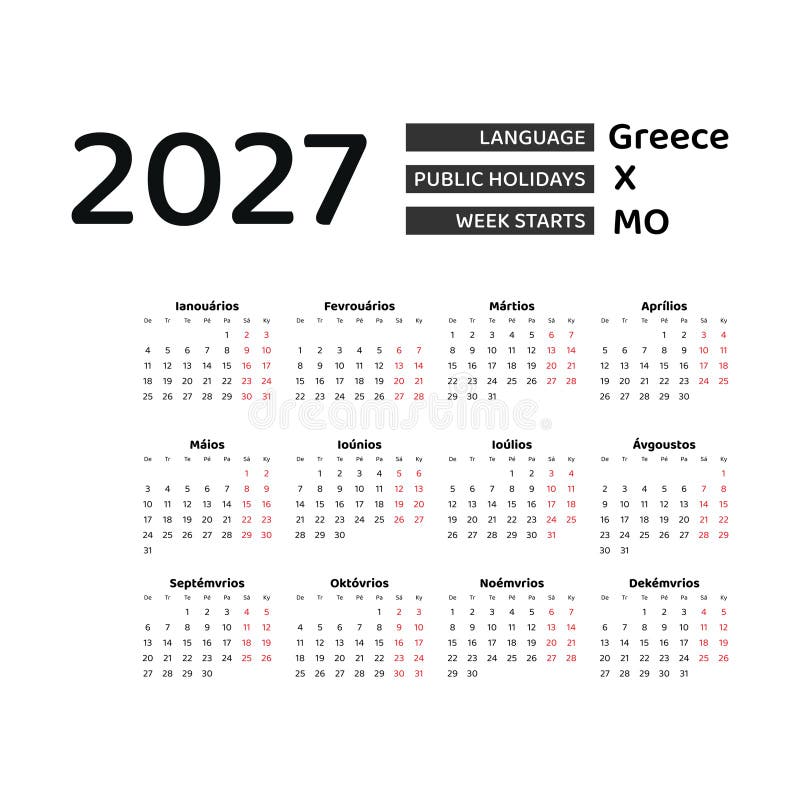 Calendar 2027 Greek Language with Greece Public Holidays. Stock Vector