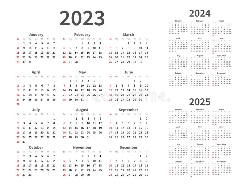 Calendar Grid. 2023, 2025, 2025 Years Graphic Planning. Simple Minimal
