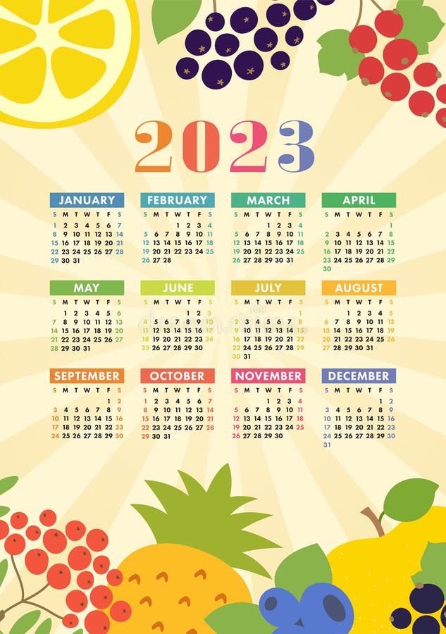 Calendar 2023. Healthy Food. Color Fruits and Berries Sketch Menu Calendar 2023. Healthy Food. Color Fruits and Berries Sketch Menu